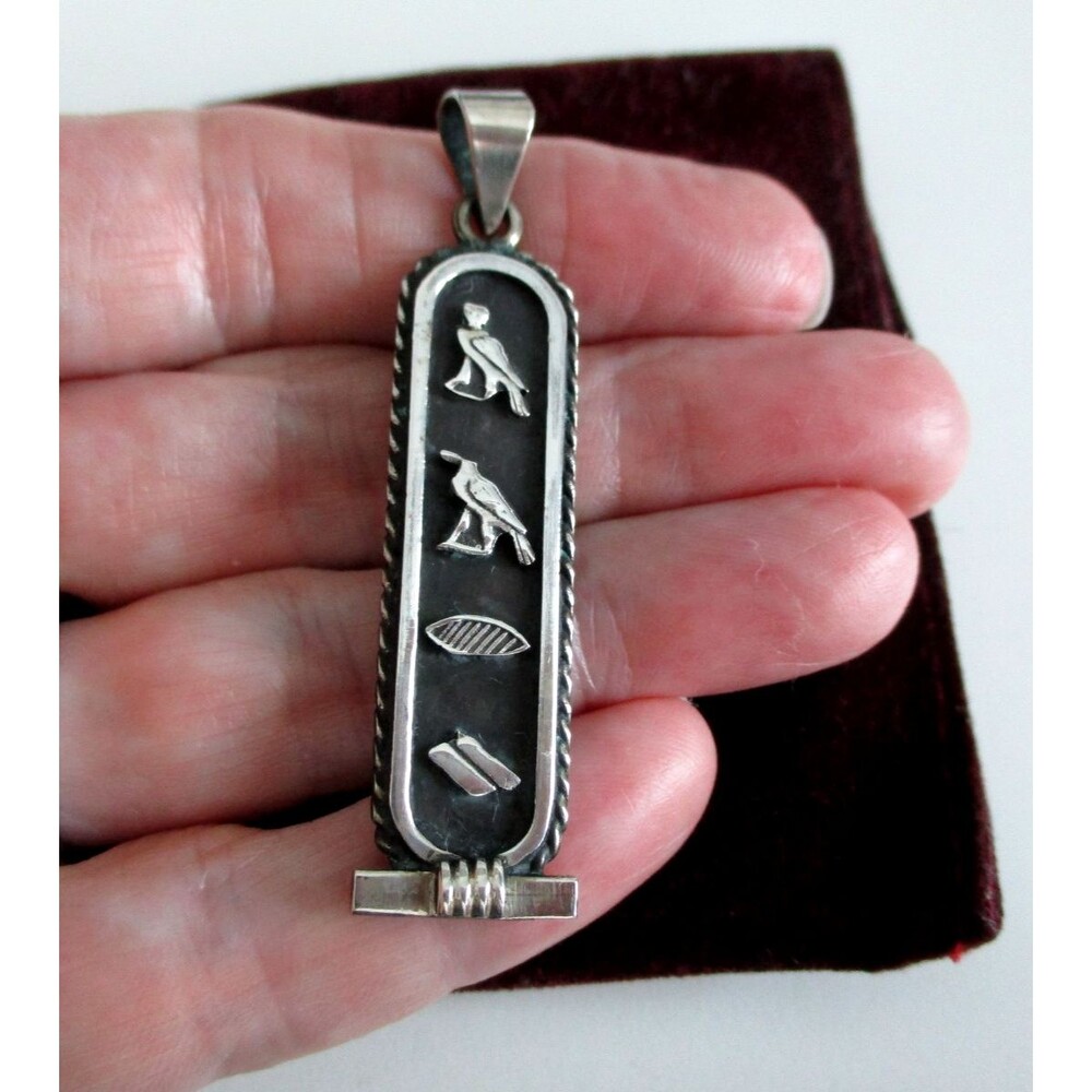 Vintage Sterling Silver Egyptian MARY Cartouche Hieroglyphic Pendant 2” 8.6g